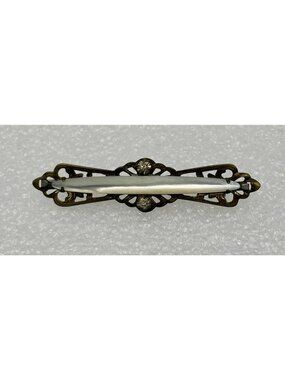 Antique Mother of Pearl Gold-Tone Bar Brooch W/Two Paste Stones C-Clasp Unsigned